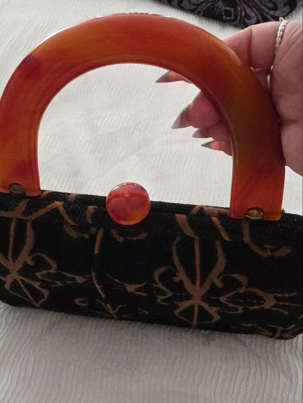 VINTAGE Ingber Black and Brown Patterned Wristlet Clutch with Amber Handle - Picture 2 of 12